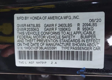 2020 Honda Accord Sport из США, поврежденный, VIN 1HGCV2F36LA023391